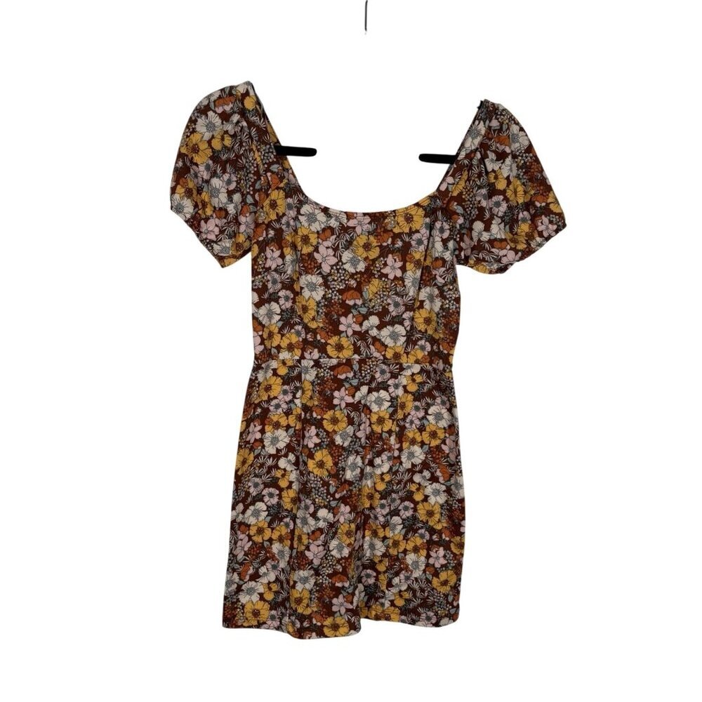 Altar’d State Women XS Brown Floral Boho Retro Puff Sleeves Mini Dress NWOT